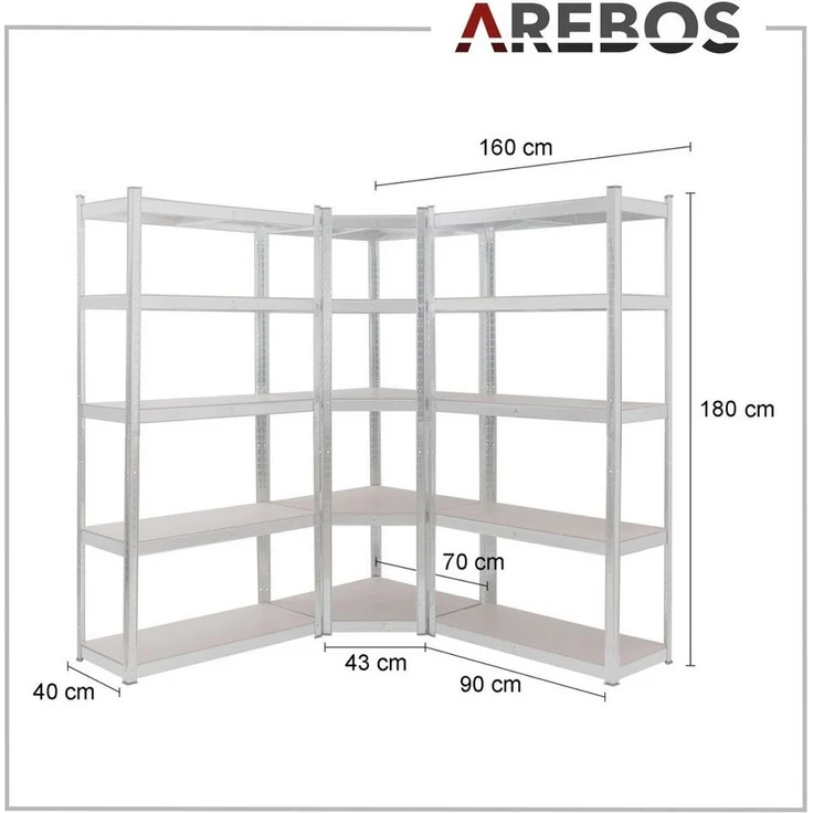 Arebos Schwerlastregal, Eckregal 180 x 90 x 40 cm, 180 x 70 x 70 cm, je 875 kg, Set 3-tlg, Stecksystem – Bild 3