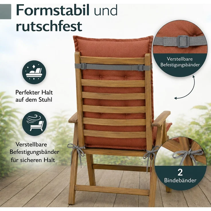BURI 4x Auflagen Set Hochlehner für Gartenstühle 120x48x7cm Sesselauflagen Polster UV Lichtecht - Gartenstuhlauflagen Stuhlkissen mit Dicker Schaumstoff Füllung (Terrakotta) – Bild 4