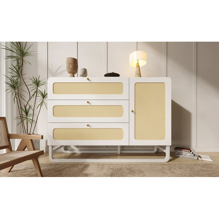 Sideboard Landhausstil mit Rattan & höhenverstellbaren Böden, 120x40x85 cm, Weiß – Bild 2