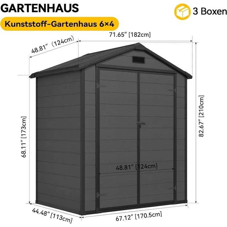 Aoxun Gartenhaus Kunststoff 4m³ mit Fundament | 182x124x210 cm | Geräteschuppen mit Boden, Gerätehaus Satteldach, Belüftet, Gartenhütte Wasserdicht für Fahrrad, Terrasse, Rasen und Werkzeug, Schwarz – Bild 2
