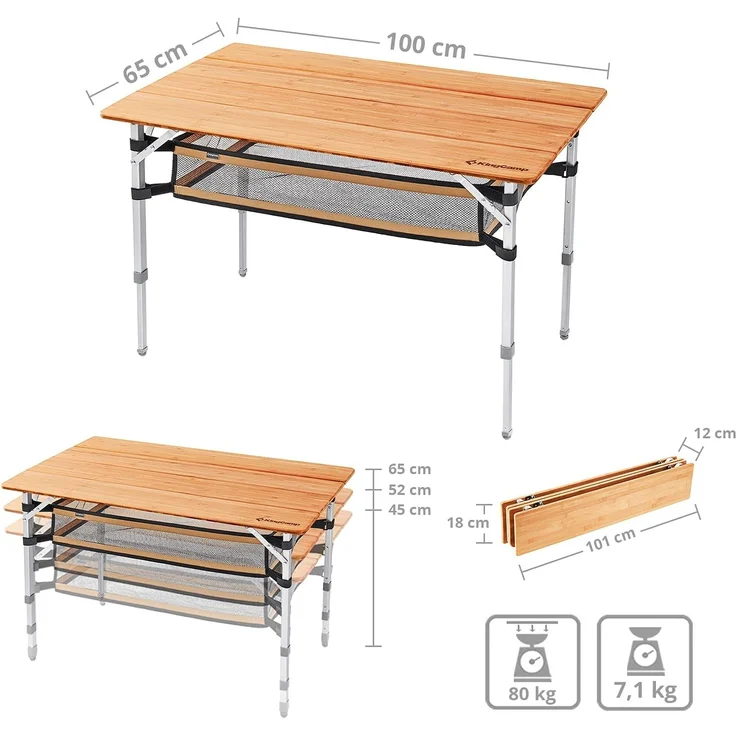 KingCamp Campingtisch Bambus Falt Tisch Camping Klapptisch, Garten Alu Holz 3Höhen Verstellbar – Bild 3