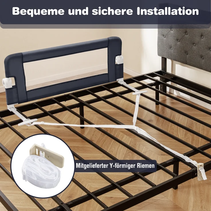 Bettgitter Sicherheitsgitter für Kleinkinder mit weichem Schaumstoff mit Gurt 105 x 40 x 42 cm Dunkelgrau – Bild 5