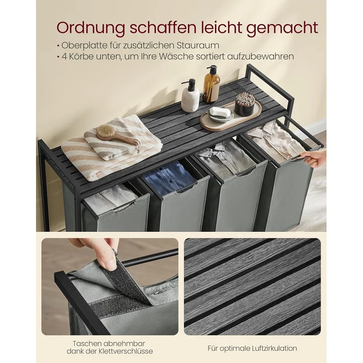 Vasagle Wäschekorb mit 4 Fächern, Metallrahmen Schwarz/Grau, 4x40L / 72 x 33 x 116 cm – Bild 2