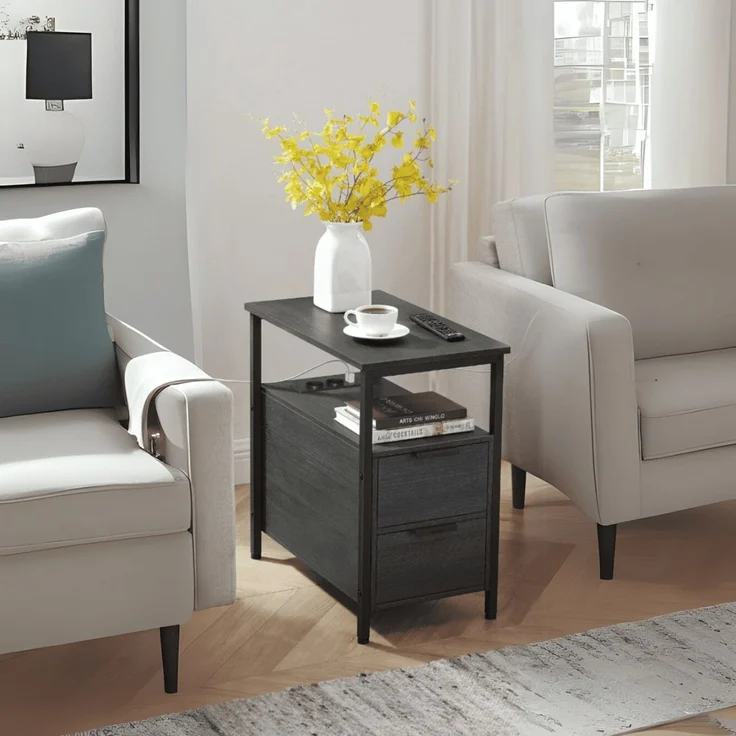 VASAGLE Beistelltisch, 2er Set, Nachttisch mit Steckdosenleiste, 2 Schubladen, Sofatisch, Nachtschrank für Wohnzimmer, Schlafzimmer, anthrazitgrau-klassikschwarz LCT648B22 – Bild 2