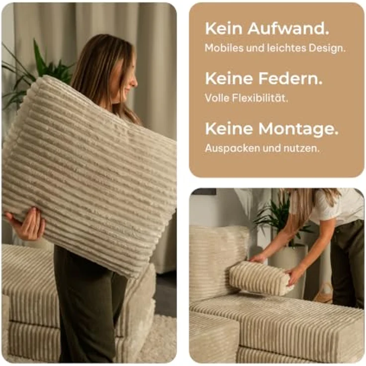 Masseno Ecksofa NOTIA, modulares Boneless Sofa mit Schlaffunktion, Kordstoff TILIA 62, 3-Sitzer – Bild 8
