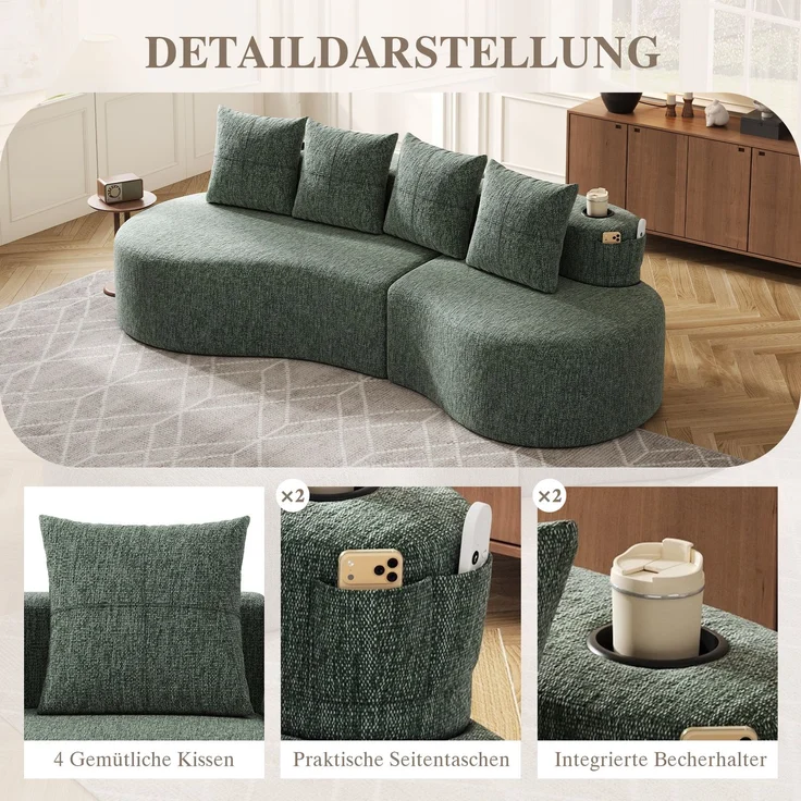 Großes Stoffsofa 240 cm mit Getränkehaltern, Seitentaschen und 4 Kissen, gepolsterte Couch mit Schaumstoff und Federleisten für Wohnzimmer, Grün – Bild 8