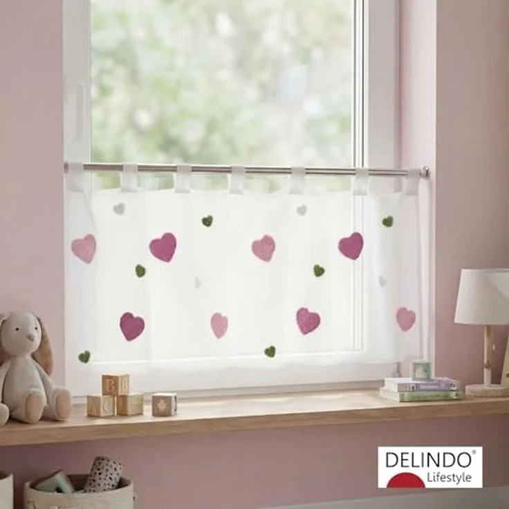 Delindo Lifestyle Scheibengardine bunte Herzen, Kinderzimmer Bistrogardine (1 St), Schlaufen, halbtransparent, Store – Bild 2