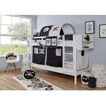 Ticaa 'Rene' Etagenbett Buche weiß, 90x200 cm, Vorhang Pirat Schwarz-Weiß (Ausführung 1)