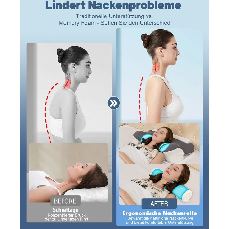 Nackenstš¹tzkissen Kopfkissen, 2 in 1 Kissen mit Nackenrolle, Ergonomisches Memory Foam Kissenbezug besteht aus 18% Elasthan und 82% Nylon – Bild 5