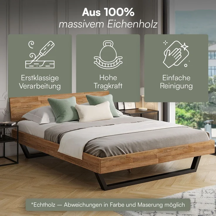 skølm 'Alver' Bett 160x200 cm, Bettgestell, natur geölt, Massivholzbett aus Eiche mit Metallkufen, Doppelbett mit durchgehendem Bettkopf – Bild 3