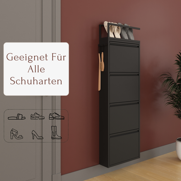 Schuhkipper mit Zubehör, Schwarz, 4 Klappen 52x15x151 cm, Pantoffelregal, Hakenleiste