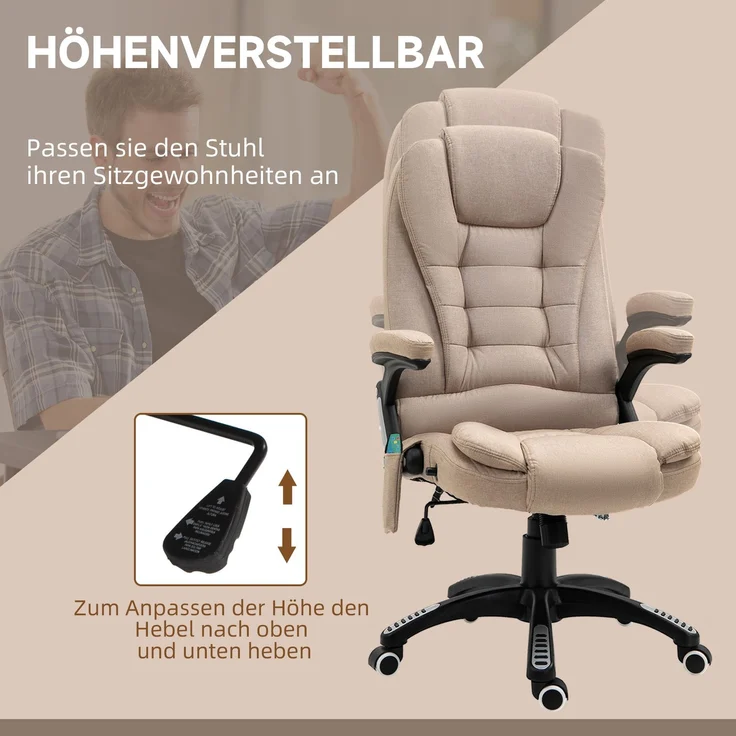 Massagesessel mit Wärmefunktion, Ergonomischer Schreibtischstuhl, höhenverstellbar, 68L x 72B x 110-120 cm, Braun--Braun--116x74x67cm--YOUDENOVA – Bild 7