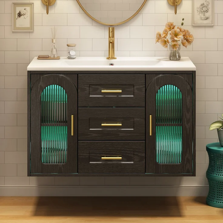 Waschtischschrank 76x46x55 cm Schwarz mit geriffelter Glastür, LED und Keramikwaschbecken – Bild 3