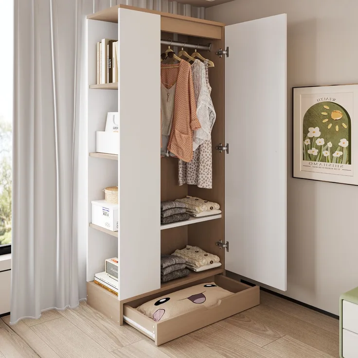Merax Kleiderschrank 70*40*170cm, Eintürige Ausführung, mit Einlegeböden und Schubladen, Naturholzfarbe + Weiß