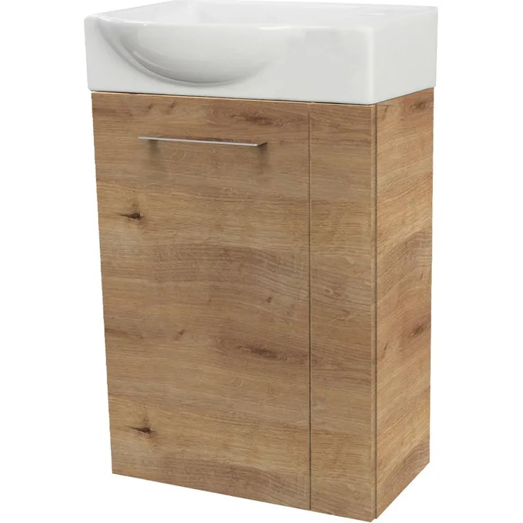 FACKELMANN SBC MILANO Gäste WC Waschtisch Set 45 cm breit, Braun hell, Waschbecken Keramik Weiß, Türanschlag links