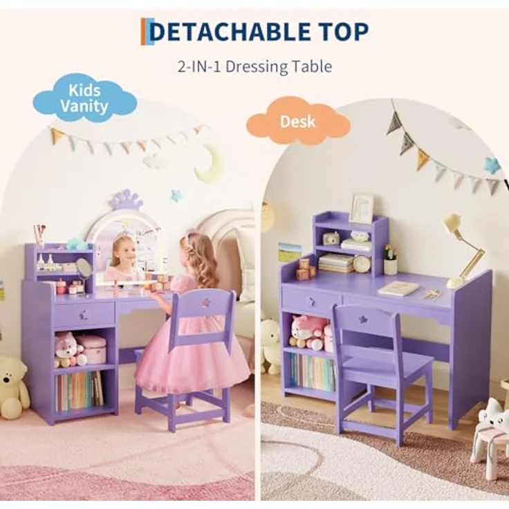 2 in 1 Schminktisch Kinder Set, Kinderschminktisch mit Spiegel & LED-Lichtern, Schminktisch für Mädchen, Kinderschminktisch mit Hocker, Schubladen, Offenen Fächern, Prinzessin Frisiertisch Holz, Lila – Bild 7