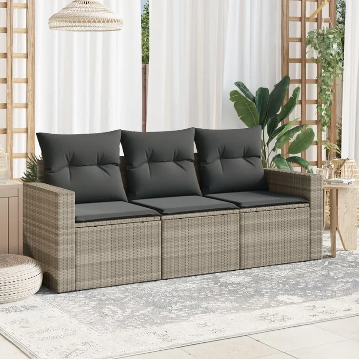 vidaXL 3-tlg. Garten-Sofagarnitur mit Kissen Hellgrau Poly Rattan 3218652