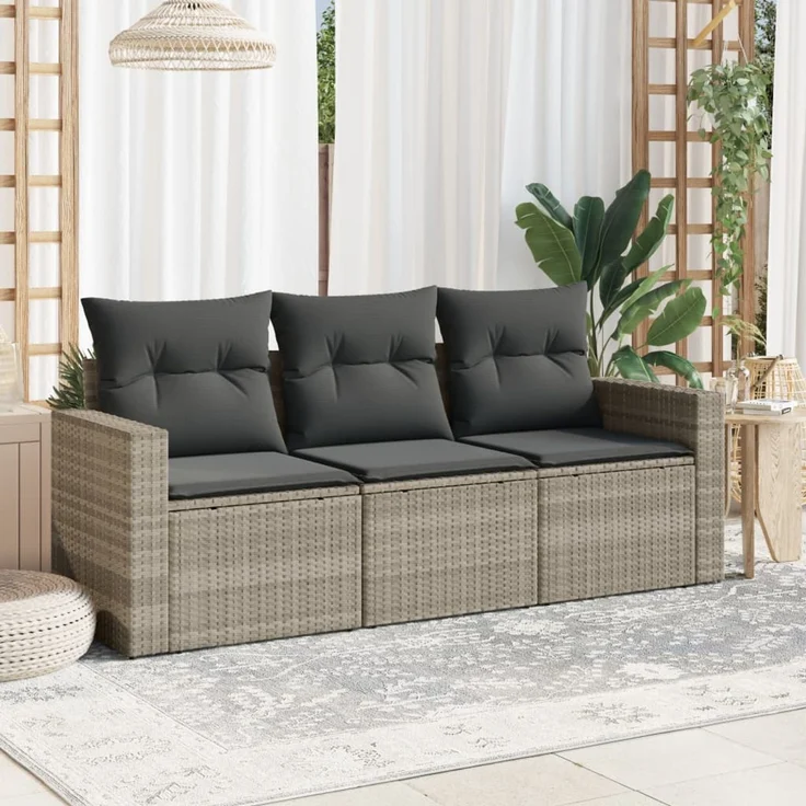 vidaXL 3-tlg. Garten-Sofagarnitur mit Kissen Hellgrau Poly Rattan 3218652 – Bild 1
