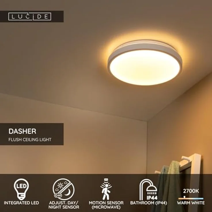 LUCIDE DASHER Deckenleuchte Badezimmer, Ø 34,8 cm, LED 1x18W 2700K, IP44, Bewegung und Tag/Nacht-Sensor, Weiß – Bild 3