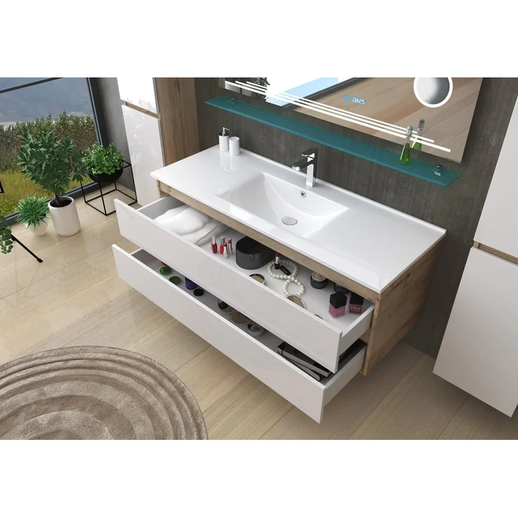 Homeline Badmöbel Set Eiche/Weiß Leonard Hochglanz 120 cm Spiegel incl LED (120, 7, 3X Seitenschränke) – Bild 2