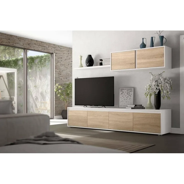 Dmora Wohnzimmer TV-Ständer mit vier Türen, mit Hängeschrank und Regal, Farbe kanadische Eiche und Artikweiß, Maße TV-Ständer 200 x 43 x 41 cm Hängeschrank 105 x 35 x 29 cm Regal 95 x 3 x 21 cm