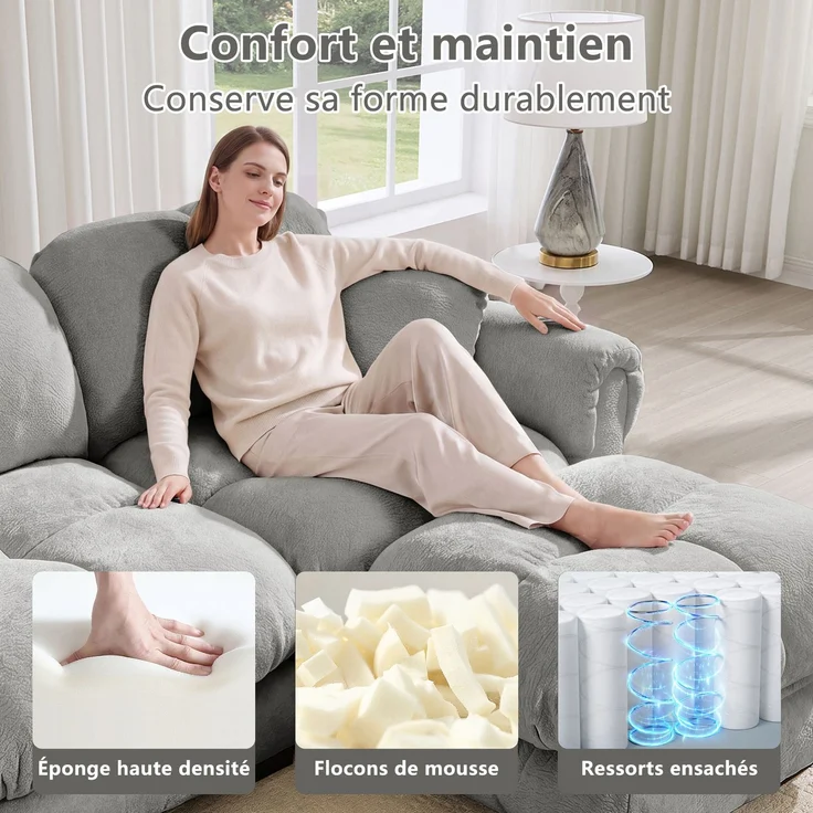 U-förmiges 2-Sitzer-Sofa mit beweglichen Hockerelementen, gesteppter Chenillebezug und dicke Polster, Wohnlandschaft für Wohnzimmer, Hellgrau – Bild 8