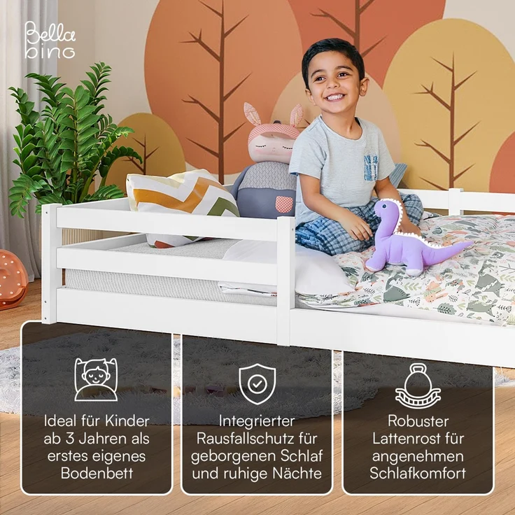 Bellabino 'Iskri' Bodenbett 140x200 cm mit Matratze, weiß, Massivholz Kiefer, Montessori Kinderbett mit Rausfallschutz und Lattenrost – Bild 3