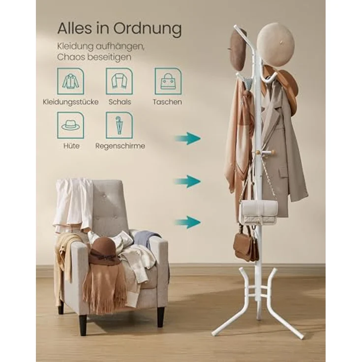 SONGMICS Garderobenständer aus Metall, stabiler Kleiderständer, Garderobe, für Kleidung, Taschen und Hüte, Höhe 178 cm, mit 12 Haken, perlweiß RCR017W01 – Bild 4