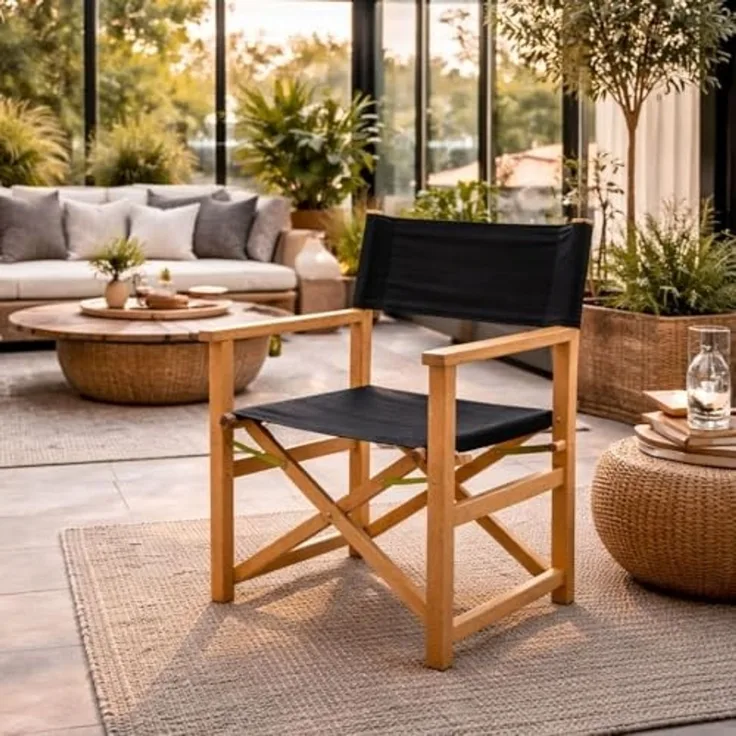 Teak Klappstuhl REGIE natural – Outdoorstoff schwarz stilvoll Wintergarten