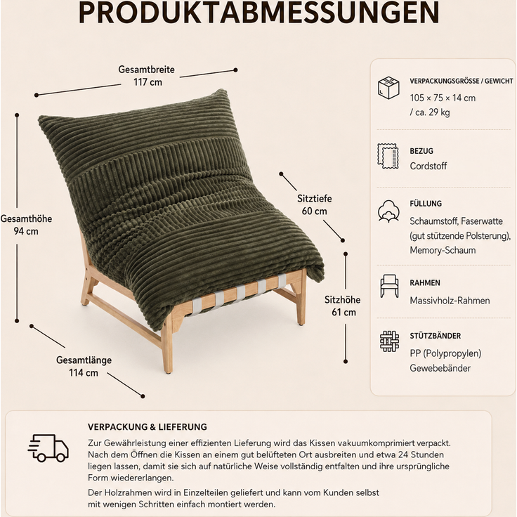 LVHOM XXL Relaxsessel mit Massivholz-Rahmen, Polstersessel Cord mit Memory-Schaum, ergonomischer Loungesessel, Fernsehsessel für Wohnzimmer, Grau – Bild 6