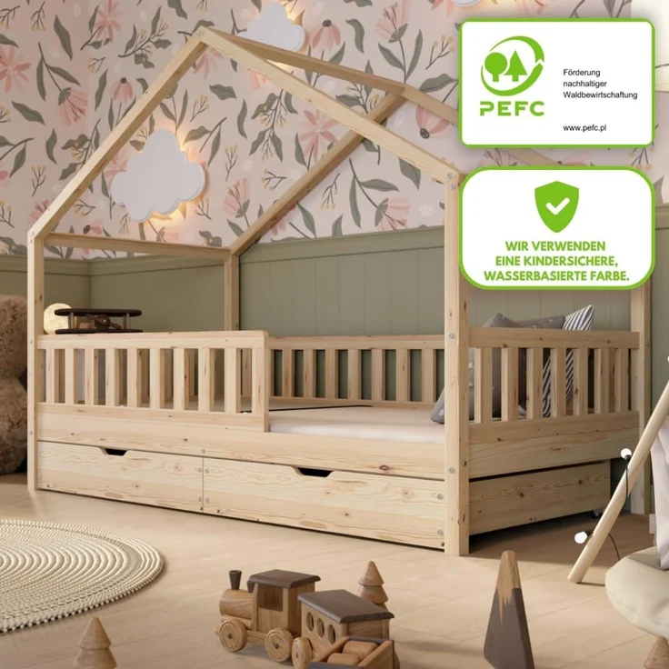 Crazy Pine 'Crazy House' Hausbett mit abnehmbaren Rausfallschutz, Naturholz, Natur, 90x200 cm, mit Schubladen – Bild 3