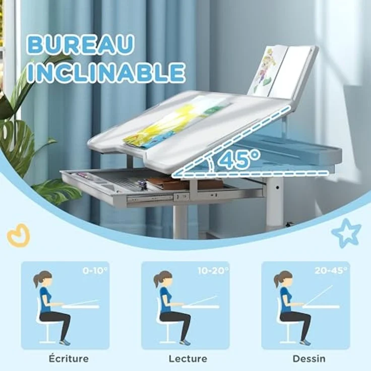 AIYAPLAY Kinderschreibtisch mit Stuhl, Kinderschreibtisch- und Stuhlset mit Höhenverstellung, 45° geneigter Tischplatte, Schublade und Buchstütze, für Kinder von 3 bis 12 Jahren, grau – Bild 3