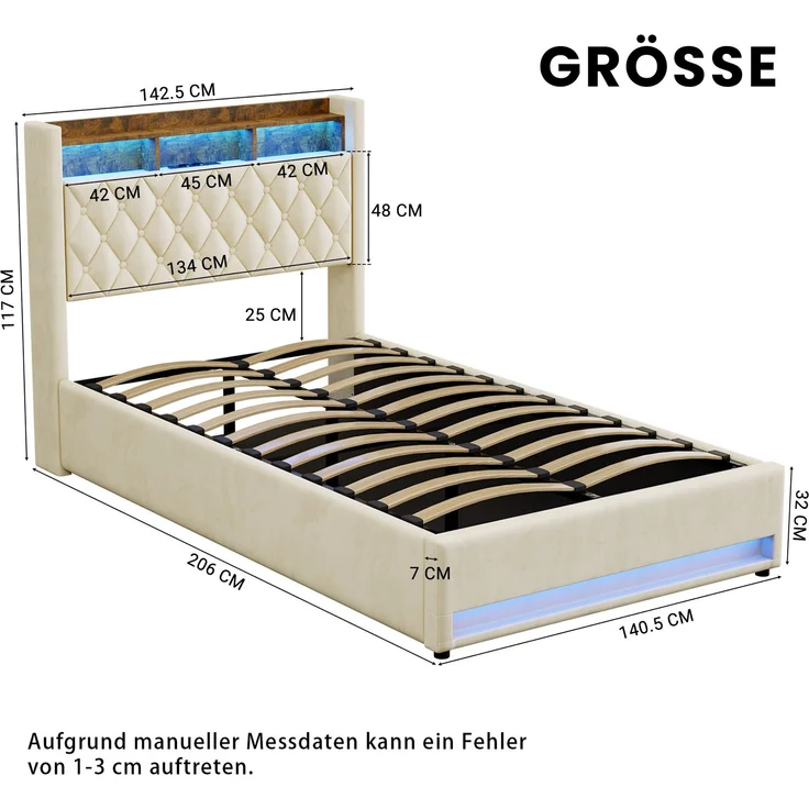 Polsterbett aus Stoff mit Lattenrost, schlichtes Design, ohne Matratze, 140x190 cm, Beige – Bild 6