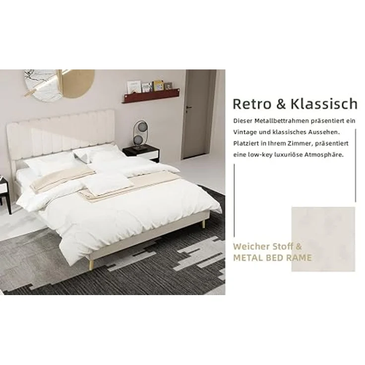 Ball & Cast Polsterbett Doppelbett (160x200 cm) - Mit Kopfteil & Lattenrost, Dutch Velvet Stoff, Zeitsparende Montage, Beige – Bild 4