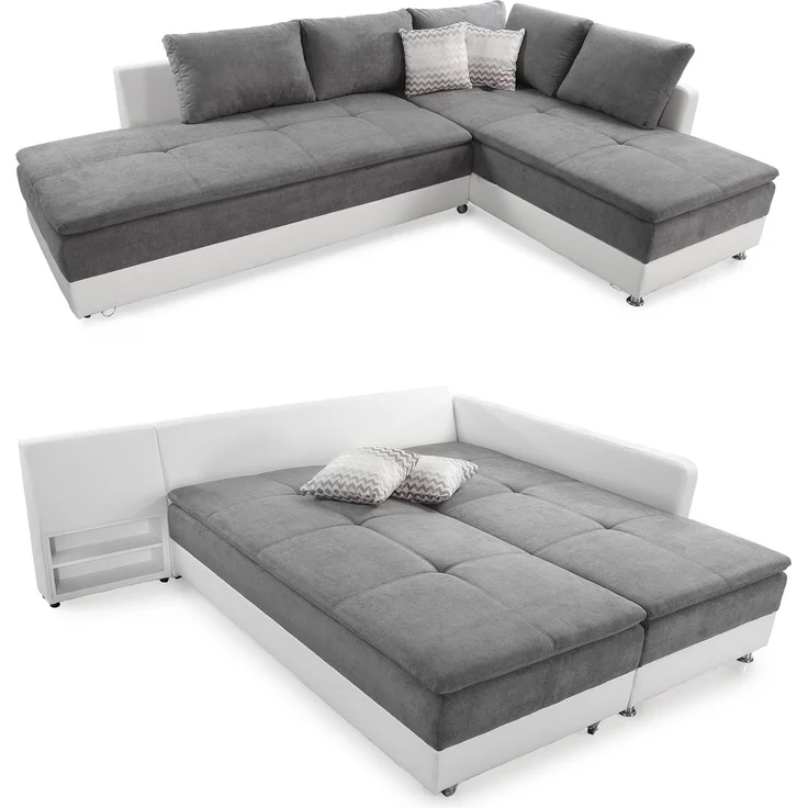 Ecksofa-Dauerschläfer Doppelbett Federkern Bettkasten Couch in Hellgrau Weiß – Bild 1