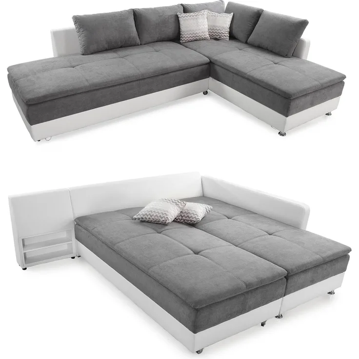 Ecksofa-Dauerschläfer Doppelbett Federkern Bettkasten Couch in Hellgrau Weiß