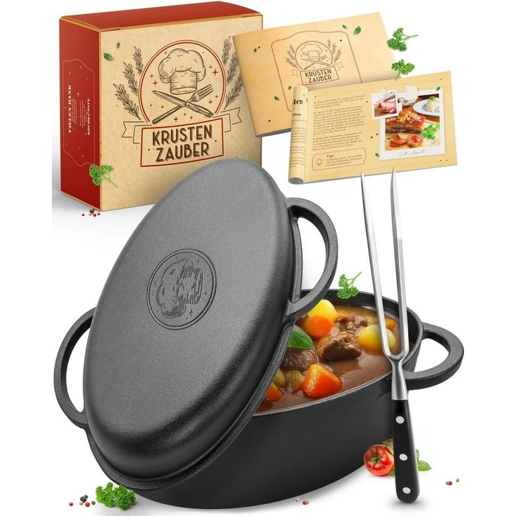 Krustenzauber Bräter 35cm Gusseisen Bräter mit Deckel backofengeeignet inkl. Fleischgabel, (Gusseisen Topf XXL - Idealer Schmortopf Kazan, Bräter Induktion), Gusseisenpfanne backofengeeignet – Bild 1