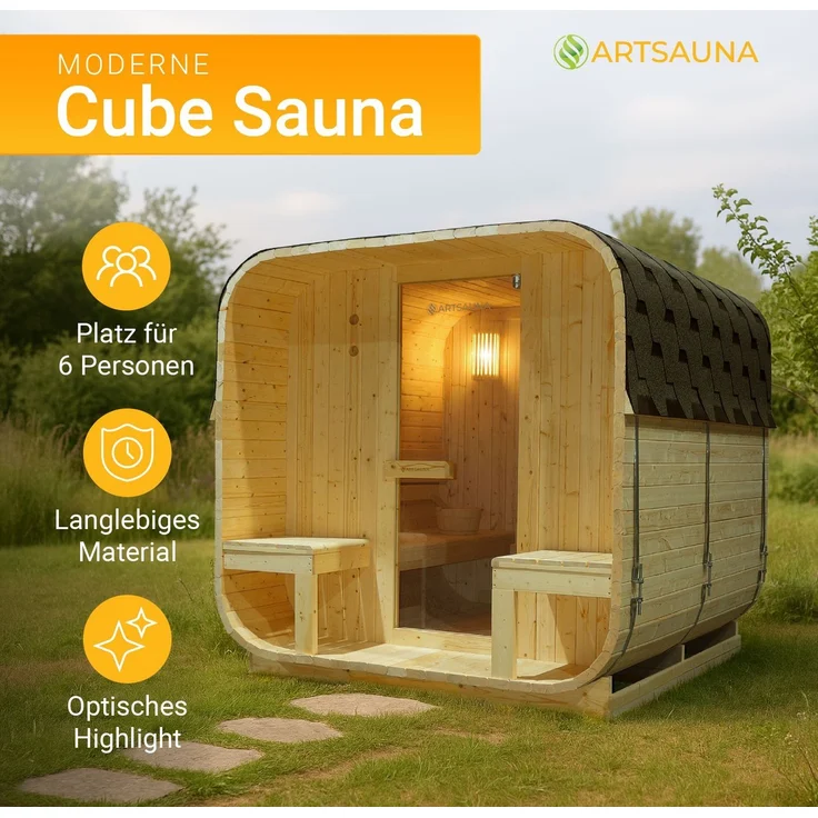 Artsauna Fasssauna Nolvik XXL, Outdoor-Sauna aus Fichtenholz, 8 kW Ofen, LED, Komplettset mit Sanduhr, Eimer & Thermometer, winterfest, Cube Design – Bild 2