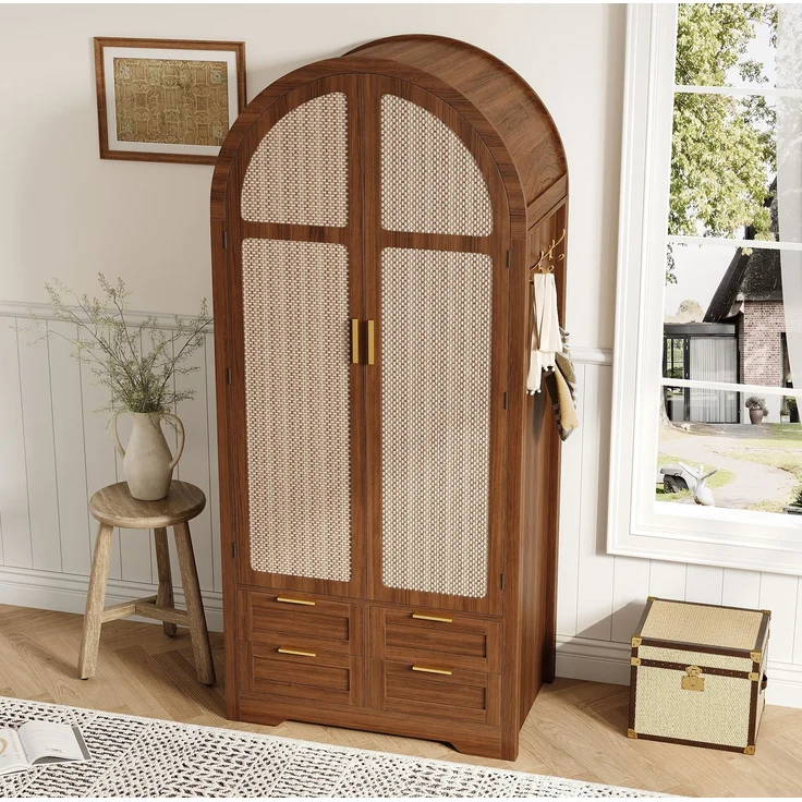 Kleiderschrank aus MDF mit geschwungenen Türen, Rattan-Optik, Schubladen, 80x50x179 cm, Walnut – Bild 3
