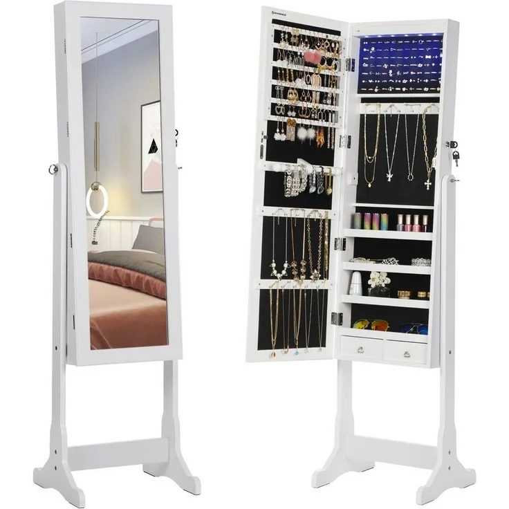 Songmics LED Beleuchtung Schmuckschrank, mit Spiegel, 4 Ablagen und 2 kleinen Schubladen, abschließbar, MDF Weiß, 41 x 151 x 36,5 cm