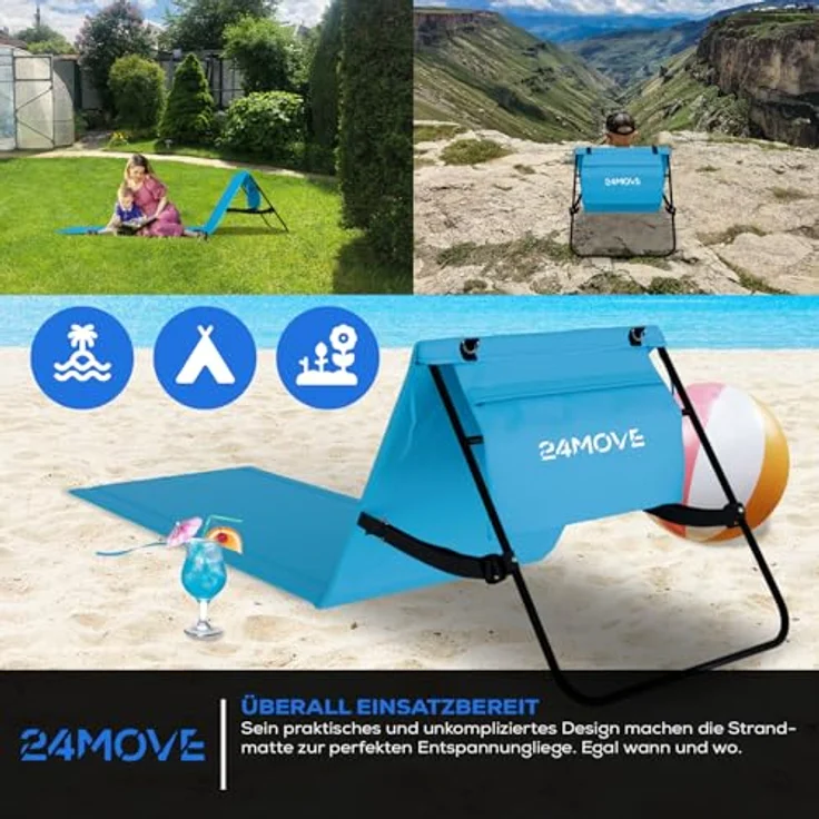 24Move Strandtuch, Strandmatte, Klappbare Campingliege, Tragetasche, (für Urlaub oder Garten), faktbar zur Tasche und Gurt, 1er, blau, Strandtuch – Bild 5