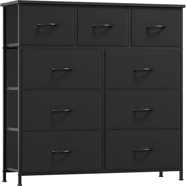 Somdot Kommode mit Schubladen, Stoffkommode, Kommode für Schlafzimmer Wohnzimmer Flur, Komodenschrank Schubladenschrank Aufbewahrungsschrank, 9 Stoffschubladen, Schwarz