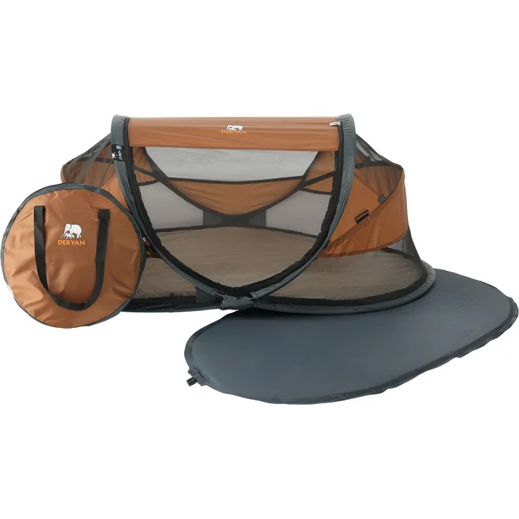 Deryan Baby & Kinder Reisebett mit Matratze - ab Geburt bis 2,5 Jahre, Pop Up Kleinkindbett Babyzelt in 2 Sekunden aufgestellt, inkl. Moskitonetz & Reisetasche, Schnell & Kompakt Faltbar, Caramel