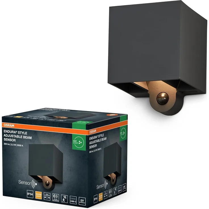 Osram ENDURA STYLE ADJ BEAM Außenbeleuchtung, 2,5W, 180lm, dunkelgrau, indirekte Beleuchtung, Bewegungsmelder, Tageslichtsensor, IP54 Schutzklasse, 3.000K Farbtemperatur, warmweiße Lichtfarbe