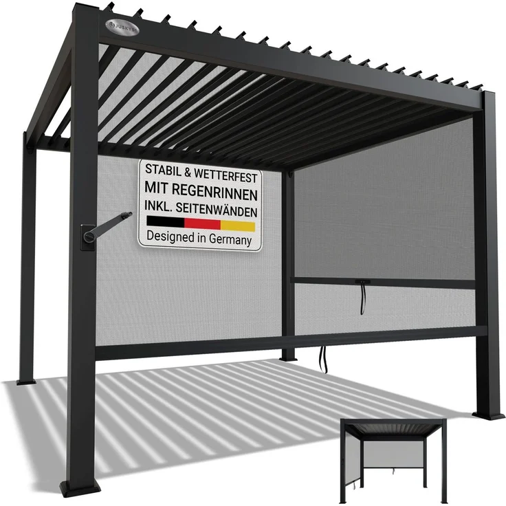 Juskys Lamellendach Tahiti 3x3 m inkl. 2x Seitenwand 3 m in Anthrazit - Terrassenüberdachung stabil & wetterfest - Überdachung für Garten & Terrasse – Bild 1