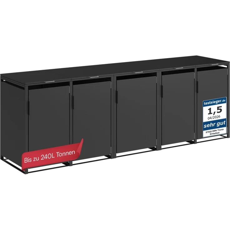 STEELSØN 'Thoria' Mülltonnenbox 5er je 240 Liter, graphitschwarz, Mülltonnenverkleidung aus Stahl, wetterfest, 116x80x332 cm, Müllbox für 5 Tonnen – Bild 1