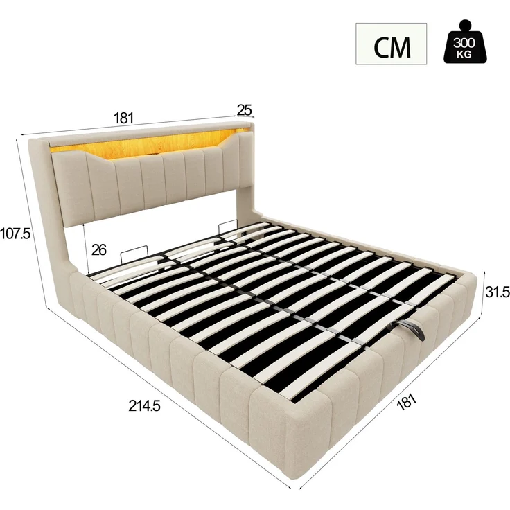 LVHOM Doppelbett 180 x 200cm mit Hydraulik und Stauraum, Funktionsbett mit LED & USB, Polsterbett mit Kopfteil-Fach, Leinen, Beige – Bild 7