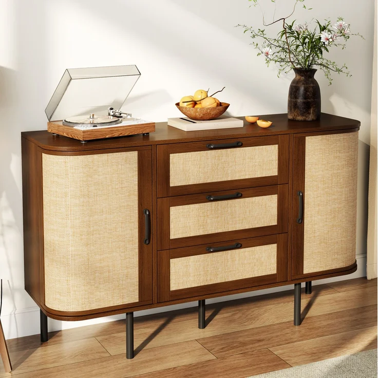 DESVIAE Sideboard Nussbaum-Optik aus MDF – 120x82x40 cm – 2 Schwenktüren, 3 Schubladen – Bild 4