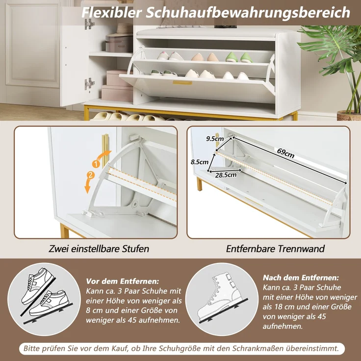 Schuhschrank mit Sitzbank Weiß/Gold, 100x38x68 cm, Hochglanz mit herunterziehbarem Schuhregal – Bild 6