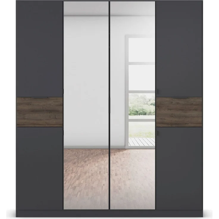 rauch Kleiderschrank, Drehtürenschrank TICAO, 6-türig, 2 Spiegeltüren, 2 Schubkästen, inkl. Türdämpferset, Grau metallic/Atlantik Oak dunkel, 181 x 210 x 54 cm – Bild 2